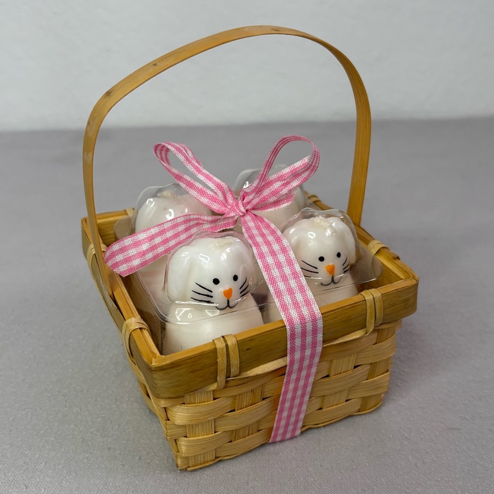 White Bunny Easter Candle Gift Set in Brown Basket with Pink Gingham Ribbon